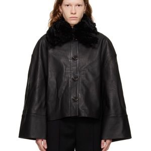 Totême Black Shearling Collar Leather Jacket